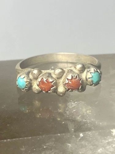 CORAL TURQUOISE RING STACKER BAND SOUTHWEST STERLING SILVER WOMEN GIRLS: CORAL TURQUOISE RING STACKER BAND SOUTHWEST STERLING SILVER WOMEN GIRLS Coral turquoise ring stacker band southwest sterling silver women girls Size 5.75 Weight 1.8g Width 5/32" Thinnest part of band 
