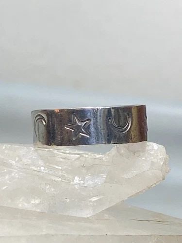 STARS MOON RING CELESTIAL BAND STERLING SILVER WOMEN MEN: STARS MOON RING CELESTIAL BAND STERLING SILVER WOMEN MEN Stars Moon ring hammered celestial band sterling silver women men Size. 12 Weight 5.4g Band Width. 5/16"
