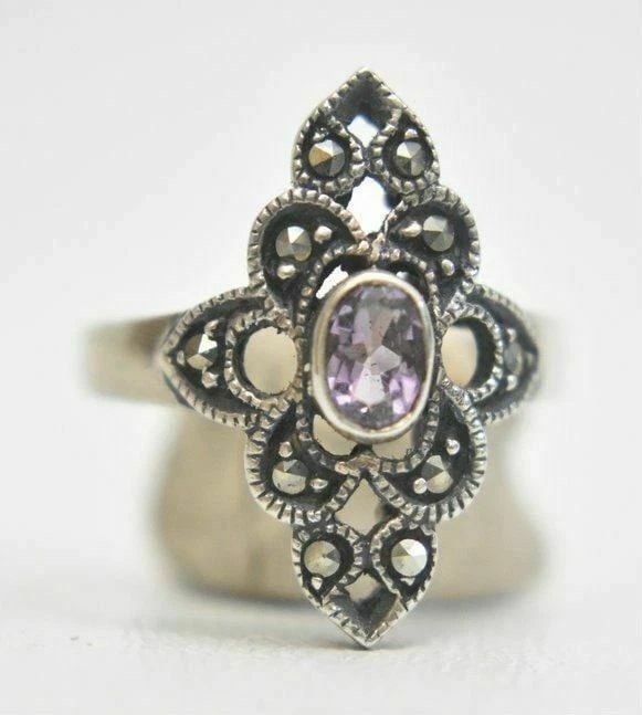 LONG AMETHYST RING MARCASITES STERLING SILVER SIZE 6.50 - 2