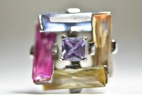 COCKTAIL RING SIZE 6.75 YELLOW LAVENDER HOT PINK RAINBOW STERLING SILVER WOMEN: COCKTAIL RING SIZE 6.75 YELLOW LAVENDER HOT PINK RAINBOW STERLING SILVER WOMEN Cocktail Ring yellow lavender hot pink rainbow sterling silver women girls Size 6.75 Weight 17.4g Widest part of band . 1