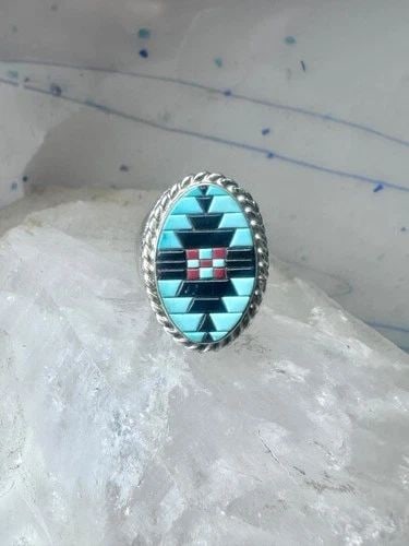 ZUNI RING TURQUOISE CORAL ONYX BAND SIZE 9.75 STERLING SILVER WOMEN MEN: ZUNI RING TURQUOISE CORAL ONYX BAND SIZE 9.75 STERLING SILVER WOMEN MEN Zuni ring turquoise coral onyx band size 9.75 sterling silver women men Size 9.75 Between a size 9.75 and a size 10 Weight 18.4g