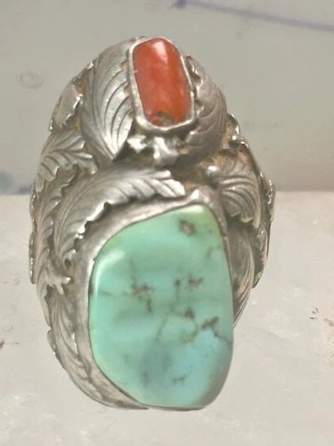 NAVAJO RING TURQUOISE CORAL SIZE 12 BY O ALEXIUS FLORAL LEAVES STERLING SILVER: NAVAJO RING TURQUOISE CORAL SIZE 12 BY O ALEXIUS FLORAL LEAVES STERLING SILVER Navajo ring turquoise coral size 12 floral leaves sterling silver women men by O. Alexius. IHMSS IHMSS stands for Indian 