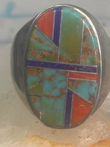 ZUNI RING TURQUOISE SPINY OYSTER LAPIS INLAY BAND SIZE 10 STERLING SILVER: ZUNI RING TURQUOISE SPINY OYSTER LAPIS INLAY BAND SIZE 10 STERLING SILVER Zuni ring Turquoise spiny oyster lapis inlay band size 10 sterling silver SIze 10 Weight 13.5g Length 7/8" Width 1/2" Thinnest