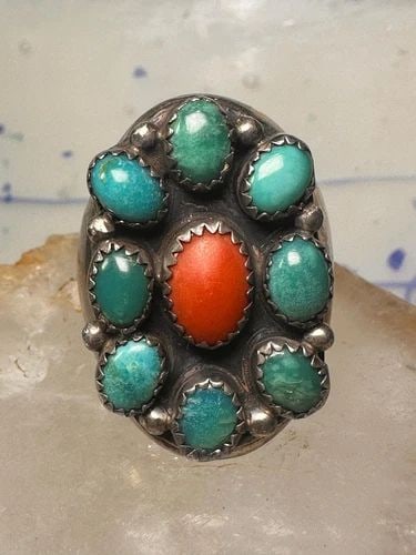 NAVAJO RING HEAVY TURQUOISE CORAL BAND SIZE 10.75 STERLING SILVER WOMEN MEN: NAVAJO RING HEAVY TURQUOISE CORAL BAND SIZE 10.75 STERLING SILVER WOMEN MEN Navajo ring Heavy turquoise coral band size 10.75 sterling silver women men Size 10.75 Between a size 10.75 and a size 11 We