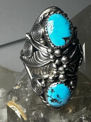 NAVAJO RING TURQUOISE LEAVES SPIRALS FLORAL HEAVY BAND SIZE 11 STERLING SILVER W: NAVAJO RING TURQUOISE LEAVES SPIRALS FLORAL HEAVY BAND SIZE 11 STERLING SILVER W Navajo ring Turquoise leaves spirals floral heavy band size 11 sterling silver women men May have been resized .. Weara