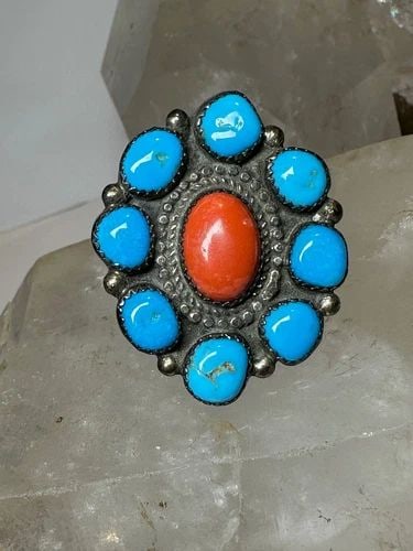 TURQUOISE RING SIZE 8.25 CORAL ZUNI STERLING SILVER WOMEN: TURQUOISE RING SIZE 8.25 CORAL ZUNI STERLING SILVER WOMEN Turquoise ring size 8.25 coral Zuni sterling silver women Size 8.25 Weight. 13.2g Length 1 1/2" Width 1 1/4" Thinnest part of band 3/16"