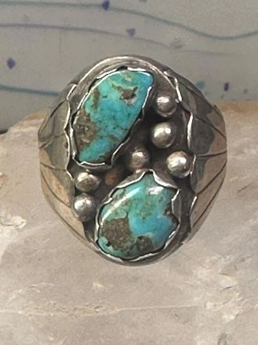 NAVAJO TURQUOISE RING BIG SIZE SIZE 17 STERLING SILVER MEN: NAVAJO TURQUOISE RING BIG SIZE SIZE 17 STERLING SILVER MEN Navajo turquoise Ring Big Size size 17 sterling silver men Size 17 Weight 23.6 Length 1. 1/8" Width. 3/4" Thinnest part of band. 1/4"