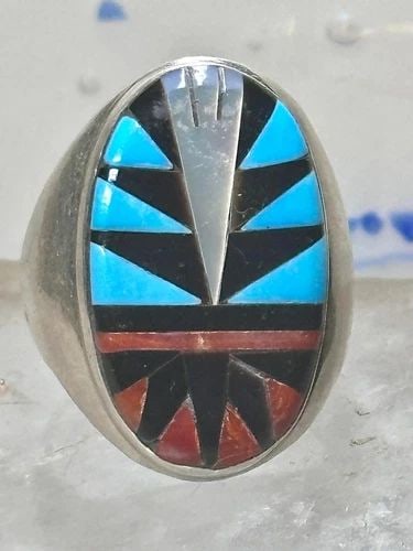 ZUNI RING SIZE 10.25 TURQUOISE CORAL MOP ONYX STERLING SILVER MEN WOMEN: ZUNI RING SIZE 10.25 TURQUOISE CORAL MOP ONYX STERLING SILVER MEN WOMEN Zuni ring size 10.25 turquoise coral mop onyx sterling silver men women Beautiful polished finish to the face of the ring .. Sig