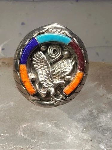 NAVAJO HORSESHOE RING EAGLE TURQUOISE BAND SIZE 11.7 BAND STERLING SILVER GOOD L: NAVAJO HORSESHOE RING EAGLE TURQUOISE BAND SIZE 11.7 BAND STERLING SILVER GOOD L Navajo Horseshoe ring Eagle Turquoise band size 11.7 band sterling silver Good Luck men Spiny Oyster, Blue Lapis and Tu