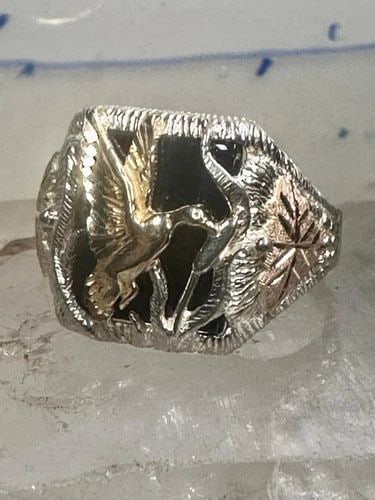 BLACK HILLS GOLD DUCK RING POND CATTAILS ONYX BAND SIZE 11.75 STERLING SILVER WO: BLACK HILLS GOLD DUCK RING POND CATTAILS ONYX BAND SIZE 11.75 STERLING SILVER WO Black Hills Gold Duck ring pond cattails onyx band size 11.75 sterling silver women men Detailed with 10K and 12K over 