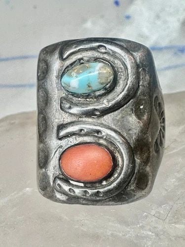 NAVAJO RING SIZE 10.75 TURQUOISE CORAL BAND COWBOY STERLING SILVER WOMEN MEN: Navajo ring size 10.75 turquoise coral band cowboy sterling silver women men Size 10.75 Weight. 21.3g Length 1" Width. 3/4" Thinnest part of band 1/4"