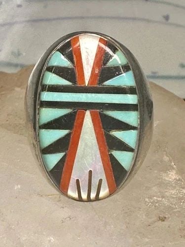 ZUNI RING TURQUOISE CORAL MOP ONYX SIZE 9.75 STERLING SILVER WOMEN MEN: ZUNI RING TURQUOISE CORAL MOP ONYX SIZE 9.75 STERLING SILVER WOMEN MEN Zuni ring turquoise coral MOP onyx size 9.75 sterling silver women men Size 9.75 Between a size 9.75 and a size 10 Weight 18.8g L