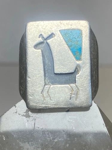 DEER ? RING TURQUOISE TRIBAL ANIMAL SOUTHWEST BAND STERLING SILVER WOMEN: DEER ? RING TURQUOISE TRIBAL ANIMAL SOUTHWEST BAND STERLING SILVER WOMEN Deer ? ring turquoise tribal animal southwest band sterling silver women Size 7.50 Weight 12.3g Length 1" Width. 3/4" Thinnest 