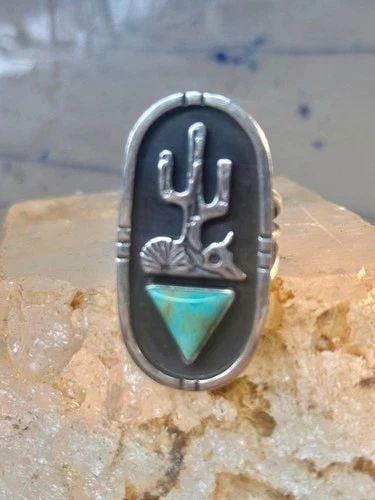 LONG SAGUARO CACTUS RING BULL SKULL TURQUOISE RING NAVAJO SIZE 7 STERLING SILVER: LONG SAGUARO CACTUS RING BULL SKULL TURQUOISE RING NAVAJO SIZE 7 STERLING SILVER Long Saguaro Cactus ring bull skull turquoise ring Navajo southwest size 7 Sterling silver women Size 7 slightly adjust