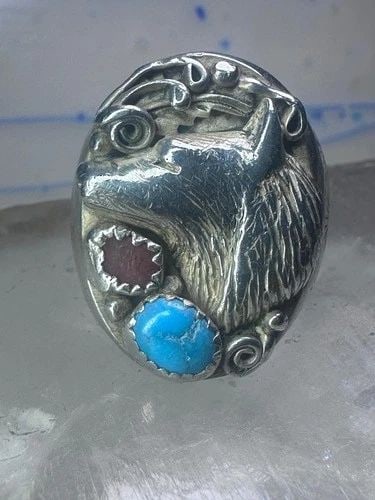 NAVAJO RING WOLF TURQUOISE CORAL LEAVES BAND SIZE 9.50 STERLING SILVER WOMEN MEN: NAVAJO RING WOLF TURQUOISE CORAL LEAVES BAND SIZE 9.50 STERLING SILVER WOMEN MEN Navajo Ring wolf turquoise coral leaves band size 9.50 sterling silver women men signed RK Signed RK Size 9.50 Between 