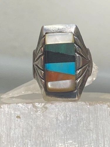 NAVAJO RING TURQUOISE ONYX MOP SPINY OYSTER STERLING SILVER WOMEN MEN: NAVAJO RING TURQUOISE ONYX MOP SPINY OYSTER STERLING SILVER WOMEN MEN Navajo ring turquoise onyx mop spiny oyster sterling silver women men Small imperfection in the back of the band - Not structural 
