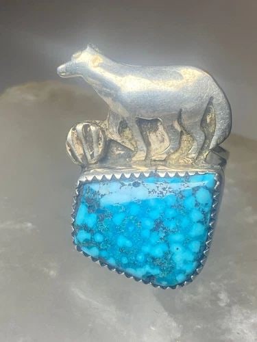 TURQUOISE RING WOLF COYOTE SOUTHWEST STERLING SILVER WOMEN GIRLS (1 of 2)