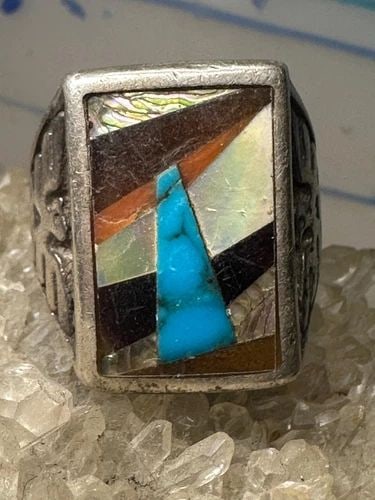 PHOENIX RING NAVAJO BAND TURQUOISE ONYX CORAL MOP SIZE 9 STERLING SILVER WOMEN: PHOENIX RING NAVAJO BAND TURQUOISE ONYX CORAL MOP SIZE 9 STERLING SILVER WOMEN Phoenix ring Navajo band turquoise onyx coral MOP size 9 sterling silver women men Size 9 Between a size9 and a size 9.25