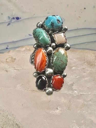 LONG MULTI GEMSTONE NAVAJO RING SOUTHWEST SIZE 7 STERLING SILVER WOMEN (1 of 2)