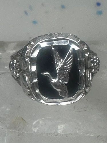 DUCK BLACK HILLS GOLD RING ONYX SIZE 10.75 STERLING SILVER WOMEN MEN: Duck Black Hills Gold ring Onyx size 10.75 sterling silver women men Between a size 10.75 and a size 11 Weight 8.9g length. 3/4" Width. 5/8" Thinnest part of band 1/4"