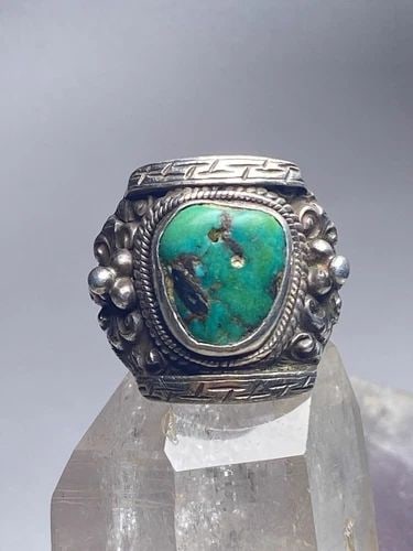 TURQUOISE RING SIZE 8.50 TRIBAL BAND STERLING SILVER WOMEN MEN: TURQUOISE RING SIZE 8.50 TRIBAL BAND STERLING SILVER WOMEN MEN Turquoise ring tribal band sterling silver women men Natural imperfections in stone Size 8.50 Weight 8.8g Length 7/8" Thinnest 3/16" Leng