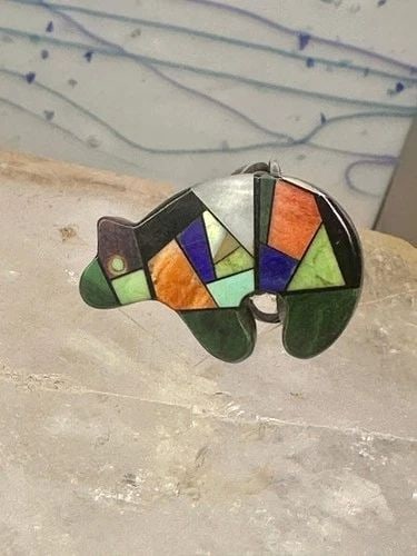 BEAR RING SIZE 6.5 TURQUOISE ABALONE MALACHITE SPINY OYSTER STERLING SILVER WOME: BEAR RING SIZE 6.5 TURQUOISE ABALONE MALACHITE SPINY OYSTER STERLING SILVER WOME Bear ring size 6.50 turquoise abalone malachite spiny oyster sterling silver women Size 6.50 Weight 8g Length 1 1/4" Wi