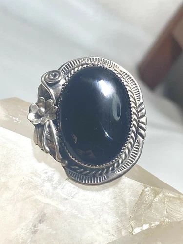 ONYX RING SIZE 7.75 NAVAJO HUGE SOUTHWEST SQUASH BLOSSOM BAND STERLING SILVER WO (1 of 2)