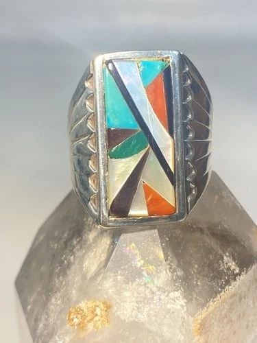 ZUNI RING SOUTHWEST LONG TURQUOISE MOP CORAL STERLING SILVER MEN WOMEN: ZUNI RING SOUTHWEST LONG TURQUOISE MOP CORAL STERLING SILVER MEN WOMEN Zuni ring southwest long turquoise MOP coral sterling silver men women Size 10.75 Between a size 10.75 and a size 11 Weight 8.5g 