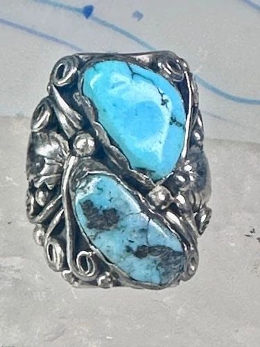 NAVAJO RING TURQUOISE SIZE 8.75 STERLING SILVER BAND WOMEN MEN: NAVAJO RING TURQUOISE SIZE 8.75 STERLING SILVER BAND WOMEN MEN Navajo ring Turquoise size 8.75 sterling silver band women men Stones have flaws - Stones are totally tight and secure in setting Size 8.