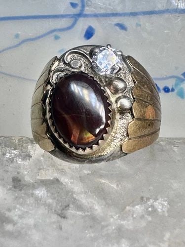 FIRE AGATE RING CZ BAND NAVAJO SIZE 11.25 STERLING SILVER WOMEN MEN: FIRE AGATE RING CZ BAND NAVAJO SIZE 11.25 STERLING SILVER WOMEN MEN Fire Agate ring CZ band Navajo size 11.25 sterling silver women men Unknown type of gold over sterling silver on sides of band Size 