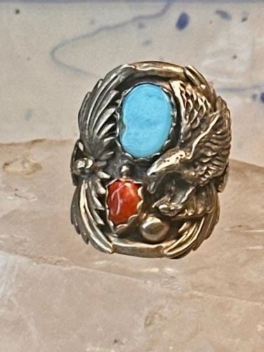 EAGLE RING NAVAJO TURQUOISE CORAL SIZE 8 STERLING SILVER WOMEN MEN: EAGLE RING NAVAJO TURQUOISE CORAL SIZE 8 STERLING SILVER WOMEN MEN Eagle ring Navajo turquoise coral size 8 Sterling silver women men Size 8 Weight 15.8g Width 1 1/4" Thinnest part of band 1/4"