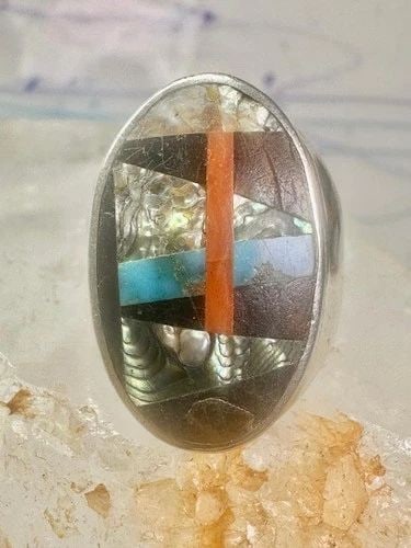 NAVAJO ABALONE RING CORAL TURQUOISE SIZE 11 STERLING SILVER WOMEN MEN: NAVAJO ABALONE RING CORAL TURQUOISE SIZE 11 STERLING SILVER WOMEN MEN Navajo Abalone Ring Coral Turquoise size 11 sterling silver women men Size 11 Weight 16.1g Length 1" Width 5/8" Thinnest part of b
