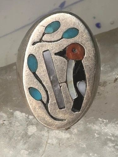 WOODPECKER RING NATIVE AMERICAN TURQUOISE LEAVES CORAL ONYX SIZE 11.50 STERLING: WOODPECKER RING NATIVE AMERICAN TURQUOISE LEAVES CORAL ONYX SIZE 11.50 STERLING Woodpecker ring Native American turquoise leaves coral onyx size 11.50 sterling silver women men Ring is solid and secur