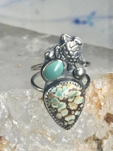 HONU TURTLE RING SPIDERWEB TURQUOISE SIZE 7 STERLING SILVER WOMEN: HONU TURTLE RING SPIDERWEB TURQUOISE SIZE 7 STERLING SILVER WOMEN Honu Turtle ring spiderweb turquoise size 7 sterling silver women Size 7 Weight 7.3g Length 1 3/16" Widest part 1/2" Thinnest part of 