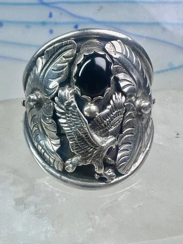 NAVAJO EAGLE RING RANDALL ENDITO ONYX LEAVES SIZE 17 STERLING SILVER MEN (1 of 2)