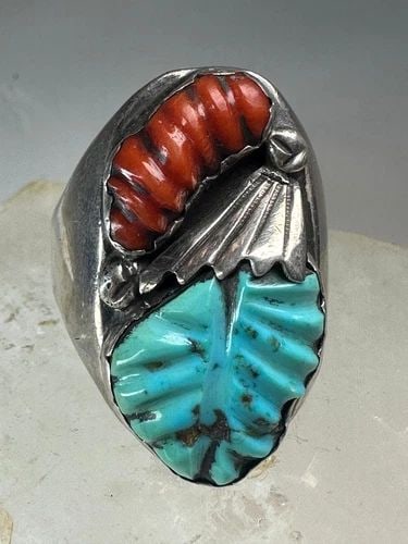 NAVAJO RING TURQUOISE CARVED LEAVES CORAL SIZE 14.25 STERLING SILVER WOMEN MEN: NAVAJO RING TURQUOISE CARVED LEAVES CORAL SIZE 14.25 STERLING SILVER WOMEN MEN Zuni ring turquoise carved leaves coral size 14.25 Sterling Silver women men Size 14.25 Weight 24.7g Length. 1 1/4" Width