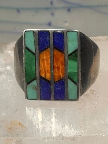 NAVAJO RING TURQUOISE SPINY OYSTER LAPIS MALACHITE INLAY SIZE 9 STERLING SILVER: NAVAJO RING TURQUOISE SPINY OYSTER LAPIS MALACHITE INLAY SIZE 9 STERLING SILVER Navajo Ring turquoise spiny oyster lapis malachite inlay size 9 sterling silver women men Size 9 Weight 6.9g Length 5/8"