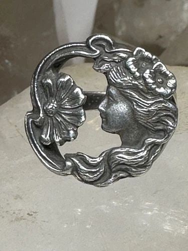 FACE RING FIGURATIVE ART DECO FLORAL FLOWER BAND SIZE 7 STERLING SILVER WOMEN (1 of 2)