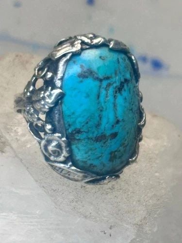 TURQUOISE RING SIZE 4 PINKY LEAVES FLORAL FLOWERS ART DECO STERLING SILVER WOME (1 of 2)