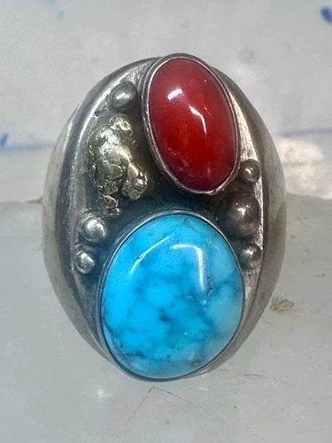 NAVAJO RING TURQUOISE CORAL LONG SIZE 10.50 VINTAGE STERLING SILVER MEN WOMEN: NAVAJO RING TURQUOISE CORAL LONG SIZE 10.50 VINTAGE STERLING SILVER MEN WOMEN Navajo ring turquoise coral long Size 10.50 Vintage sterling silver men women Size 10.50 Weight 19.1g Length 1 1/16" Width