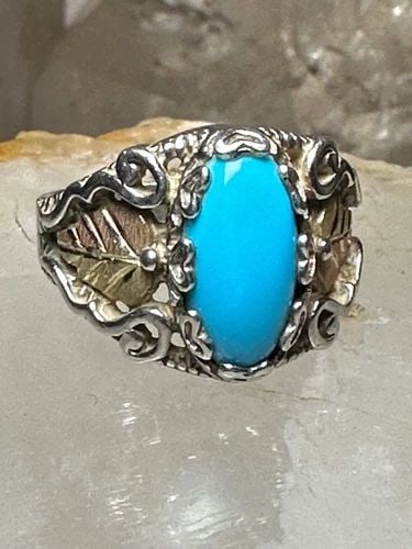BLACK HILLS GOLD RING SIZE 6.75 TURQUOISE LEAVES BAND STERLING SILVER WOMEN: BLACK HILLS GOLD RING SIZE 6.75 TURQUOISE LEAVES BAND STERLING SILVER WOMEN Black Hills Gold ring size 6.75 turquoise leaves band sterling silver women Hard to Read - Tiny Stamping on inner band near 