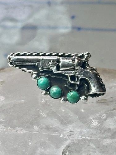 GUN RING TURQUOISE SOUTHWESTERN BAND SIZE 8.75 STERLING SILVER WOMEN: GUN RING TURQUOISE SOUTHWESTERN BAND SIZE 8.75 STERLING SILVER WOMEN Gun ring turquoise southwestern band size 8.75 sterling silver women Size 8.75 Weight 7.8g Length 3/4'" Width 1 3/8" Thinnest part 