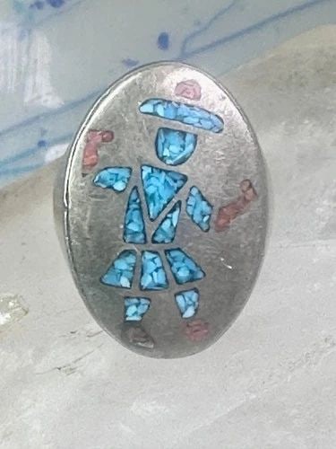KACHINA RING TURQUOISE CHIPS RING CORAL BAND SIZE 11 STERLING SILVER WOMEN MEN: KACHINA RING TURQUOISE CHIPS RING CORAL BAND SIZE 11 STERLING SILVER WOMEN MEN Kachina ring Turquoise chips ring coral band size 11 sterling silver women men Size 11 Weight 25.3g Length. 1 1/4" Width.