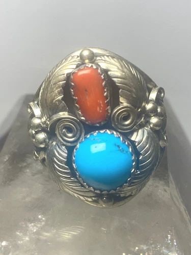 NAVAJO RING CORAL TURQUOISE BAND STERLING SILVER WOMEN MEN Q: NAVAJO RING CORAL TURQUOISE BAND STERLING SILVER WOMEN MEN Q Turquoise ring coral southwestern band sterling silver women men q Size 14.75 Between a size 14.75 and a size 15 Weight 13.4g Width 1 1/8" 