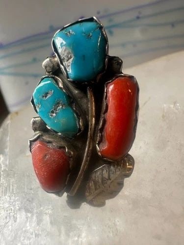 LONG NAVAJO TURQUOISE CORAL RING TURQUOISE BAND SIZE 5.75 STERLING SILVER WOMEN: LONG NAVAJO TURQUOISE CORAL RING TURQUOISE BAND SIZE 5.75 STERLING SILVER WOMEN Long Navajo Turquoise Ring size 5.75 sterling silver women girls Signed H. Pennetewa Size 5.75 Between a size 5.75 and a