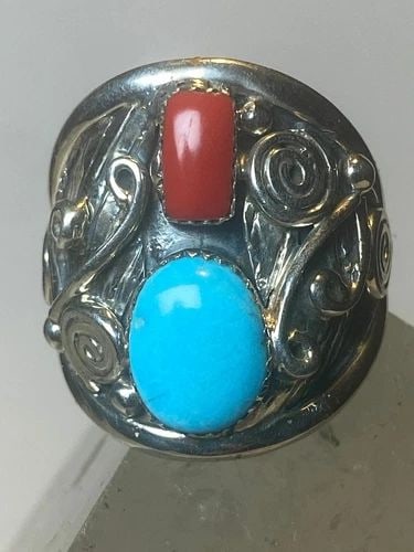 TURQUOISE RING CORAL SOUTHWEST BAND STERLING SILVER WOMEN MEN: TURQUOISE RING CORAL SOUTHWEST BAND STERLING SILVER WOMEN MEN Turquoise ring coral southwest band sterling silver women men Size 10 Weight 10.3g Widest part 1" Thinnest back of band 3/16"