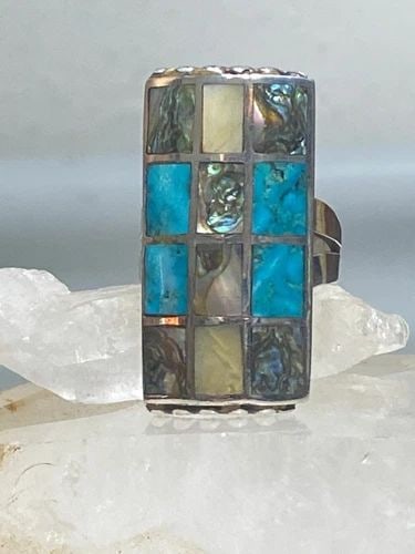 NAVAJO RING LONG TURQUOISE ABALONE MOP STERLING SILVER WOMEN MEN: NAVAJO RING LONG TURQUOISE ABALONE MOP STERLING SILVER WOMEN MEN turquoise ring long southwest abalone MOP sterling silver women men Size. 10.75 Between a size 10.75 and a size 11 Weight 20g Length. 1