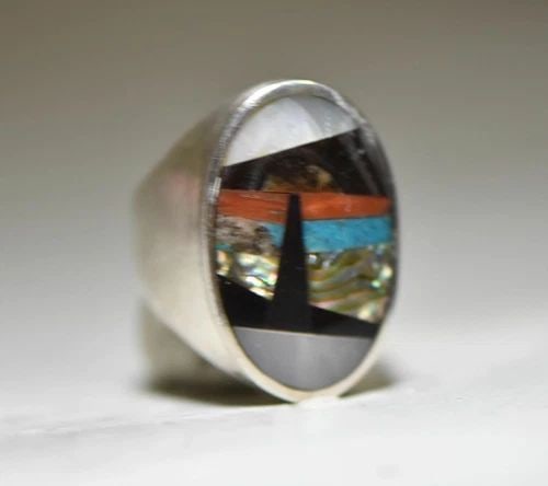 NAVAJO RING TURQUOISE SEASCAPE ABALONE LIGHTHOUSE SPINY OYSTER STERLING SILVER M: NAVAJO RING TURQUOISE SEASCAPE ABALONE LIGHTHOUSE SPINY OYSTER STERLING SILVER M Navajo Ring Turquoise Seascape Abalone Lighthouse Spiny Oyster Sterling Silver Men Women Size 8.75 Weight 19.3g Widest 