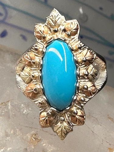 BLACK HILLS GOLD RING FLORAL LEAVES TURQUOISE BAND SIZE 6.75 STERLING SILVER WOM: BLACK HILLS GOLD RING FLORAL LEAVES TURQUOISE BAND SIZE 6.75 STERLING SILVER WOM Black Hills Gold ring floral leaves turquoise band size 6.75 sterling silver women Leaves Detailed with 12K over sterli