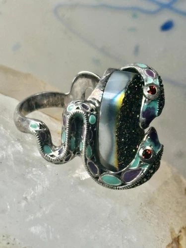 TWO SNAKES RING DRUZY ENAMEL BAND SIZE 6 STERLING SILVER WOMEN GIRLS (1 of 2)
